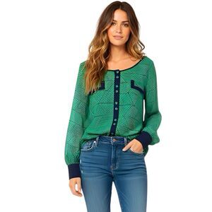 Mine Womens Blouse Sheer 80's Size Large Green Black Corporate Office Workcore